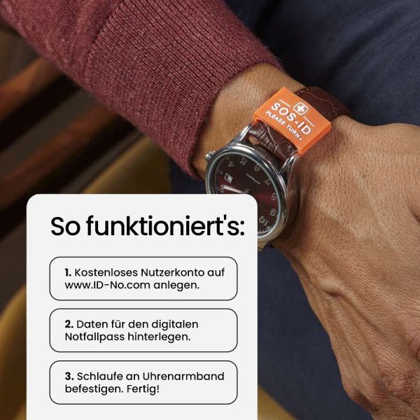 SOS-ID Armbandschlaufe inkl. digitalem Notfallpass. Innovativ und angenehm zu tragen.